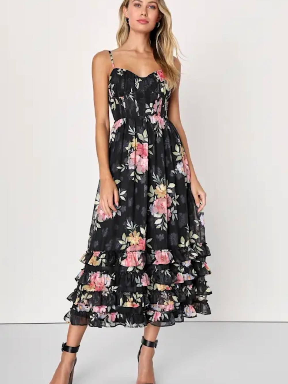 Lulu's Black Floral Ruffle Tiered Midi Dress with Pink & Yellow Blooms